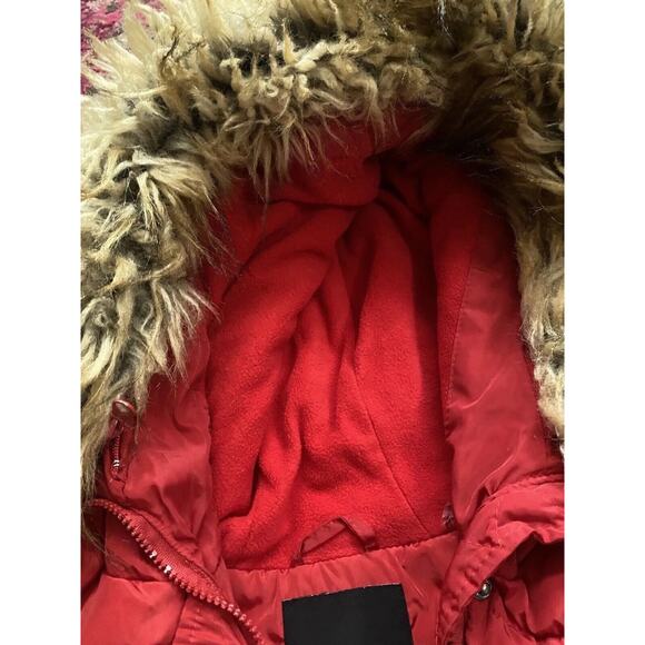 BEBE Red Hooded Puffer Jacket Coat Women L Faux Fur Short Rhinestone - Picture 13 of 16
